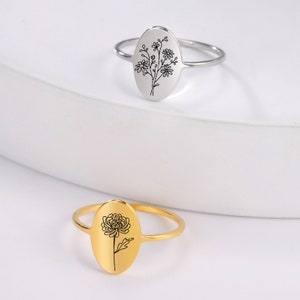 Personalized Birth Flower Ring Engraved Stainless Steel Floral Ring Gold Ring Custom Engraved Wedding Ring Bridesmaids Gift Mother Gift