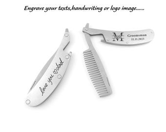 Personalized Beard Comb Custom Groomsman Beard Brush Engraved Stainless Steel Men's Beard Comb Outdoor Folding Hair Beard Comb Wedding Gifts
