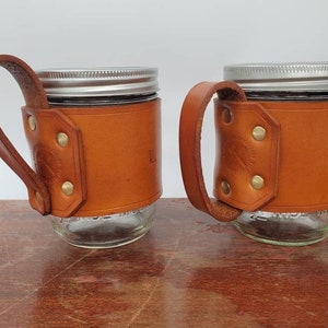 Leather Mason Jar, Leather Cooozie, Camping Mug, Travel Mug, Mason Jar, Choose Leather Color, Choose Handle Style, Monogram