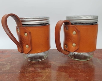 Leather Mason Jar, Leather Cooozie, Camping Mug, Travel Mug, Mason Jar, Choose Leather Color, Choose Handle Style, Monogram