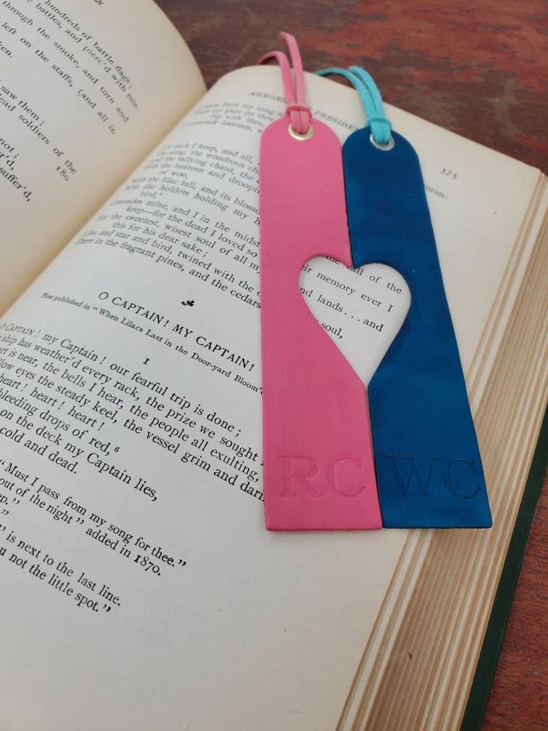 Leather Bookmarks, Leather Lovers Bookmarks, Heart Bookmark, HisHers, HisHis, HersHers, Choose your Leather Color, Free Personalization image 2