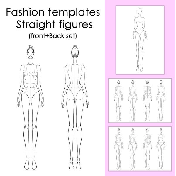 Fashion figure sketch print croquis schizzo campione template  Front and back Straight pose (Female)