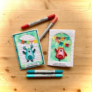 Tarjeta de feliz cumpleaños con los deseos de un pequeño monstruo, tarjeta de cumpleaños para niños