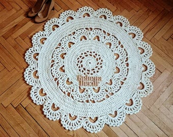 Crochet round rug FELICIA  cm Bed side Baby area rug floor lace carpet. Table cover lace tappeto tapis teppich häkelteppich