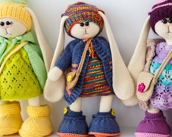 Tilda bunny - dress up bunny soft toy for baby girl. Crochet soft Rabbit in cloth. Handmade Easter Stuffed bunny