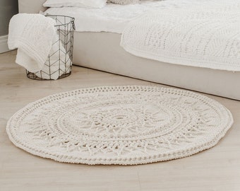 Cotton lace rug - natural round rug, bedside circle lace. Crochet natural housewarming decoration