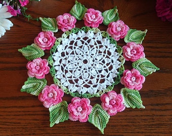 Rose lace doily a great wedding centerpiece, coffee and romantic table decor for a saucer. Perfect gift for mom and wife with pink crochet