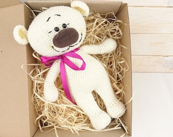 Newborn Baby polar bear prop - white Teddy with smile. Happy stuffed soft toy