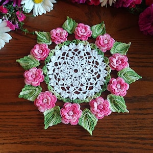 Rose lace doily a great wedding centerpiece, coffee and romantic table decor for a saucer. Perfect gift for mom and wife with pink crochet