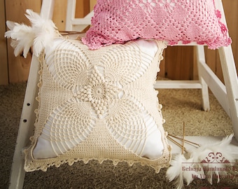 Decorative pillow - lace crochet overlay country decor - unique housewarming crochet gift for mom, square bedroom and nursery pillow