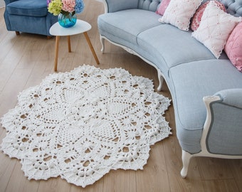 Round crochet throw rug - doily giant lace mat. Circle baby rug nursery decor room, wedding france country decor. Gebeya handmade