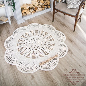 Crochet Cotton Area Rug: Farmhouse Style Lace Carpet, 49 Inch