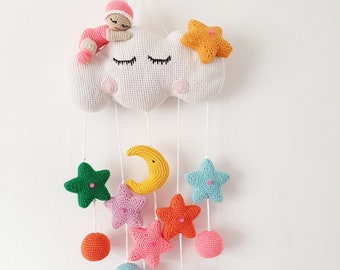 Wall hanging nursery mobile, moon, and stars crochet garland. Newborn first gift photo prop