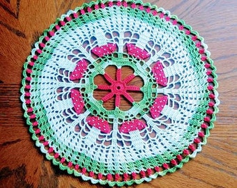 Fly agaric lace Mushroom - crochet doily kitchen decoration. Toadstool red with brown woodland unique doily