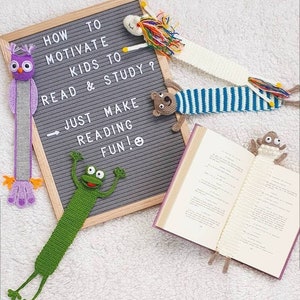 May include: Handmade crochet bookmarks in the shape of an owl, frog, bear, and a character with colourful yarn hair. The bookmarks are displayed with an open book and a letter board that reads "HOW TO MOTIVATE KIDS TO READ & STUDY? JUST MAKE READING FUN!"