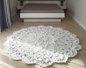 Large Crochet Rug – White Polyester Boho Throw, Living Room Decor (85 inches)