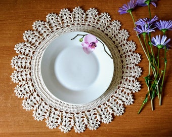 Crochet doily unique placemat - nice rustic, farmhouse & english country kitchen decor. Round srerving trays lace doily plate coaster VALERY