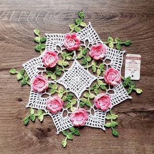 Roses doily lace - coffee geometric coster in shabby cottage style, country kitchen. Crochet Floral wedding pink round table centerpiece