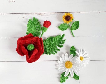 Crochet Flower Brooch: Handmade Poppy, Sunflower, Chamomile Pin