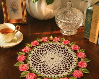Rose Crochet Doily: Pink Floral Centerpiece, Romantic Table Decor