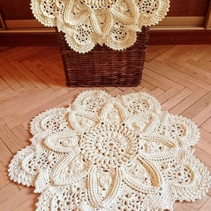 Crochet rug Fundamental - creme, white color, handmade carpet 32 in. - carpet lace textured home decoration tapis