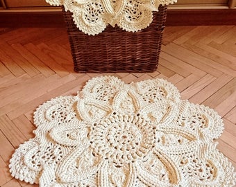 Crochet rug Fundamental - creme, white color, handmade carpet 32 in. - carpet lace textured home decoration tapis