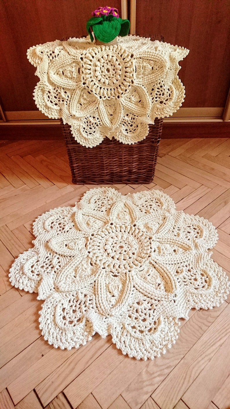Crochet rug Fundamental creme, white color, handmade carpet 32 in. carpet lace textured home decoration tapis image 1