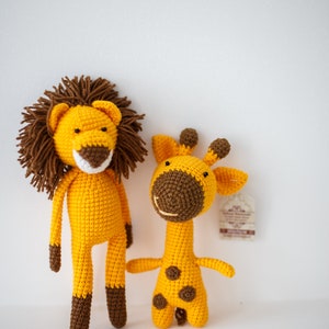 Lion & giraffe baby toy set crochet newborn shower soft gifts. Amigurumi stuffed yellow animals for a 1st birthday image 4