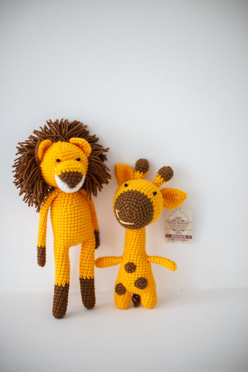 Lion & giraffe baby toy set crochet newborn shower soft gifts. Amigurumi stuffed yellow animals for a 1st birthday image 4