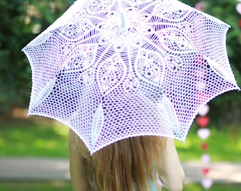 Promo! Crochet wedding umbrella  - sun umbrella gift  - wedding photo white accessoris lace parasol - ready to ship