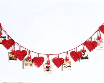 Red Heart lace garland - valentince shabby chic mantel decor. Nursery photo ptop red heart banner. Crochet primitive minimalistic decoration