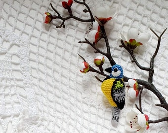 Tit Bird Crochet Pin: Handmade Cotton Brooch, Home Decor