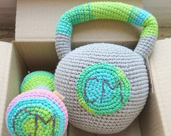 Crossfit set crochet kettlebells & dumbbell activity center. Prersonalized learning busy sensory souvenir