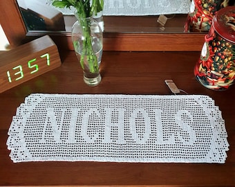 Custom Name Doily – Personalized Family Sign, Crochet Filet Crochet Lace banner, Cotton Anniversary Gift