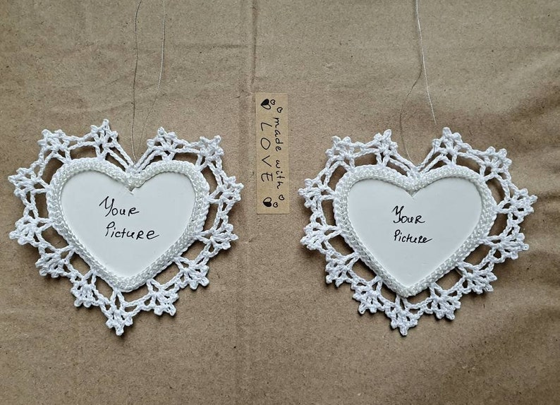 Heart Photo Insert Crochet Heart Photo Frames: Lace Snowflake Picture Ornament Set - Etsy