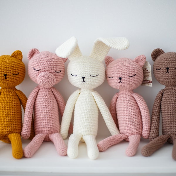 Newborn animal toys - simple sleepy bear, catty, pig, bunny. Safe eco-friendly toddler's first toys. Stuffed crib baby shower gift