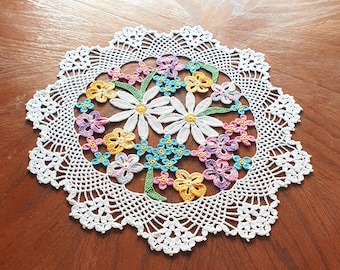 Handmade 3D Floral Cotton Doily, Chamomile Lace Round Doily 10–15 in, Summer Wedding Decor, Colorful Small Spring rainbow Table centerpiece