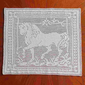 May include: A white, square, crocheted doily featuring a horse design in the center. The horse is surrounded by floral and geometric patterns. The doily is made of a fine, open-weave material.
