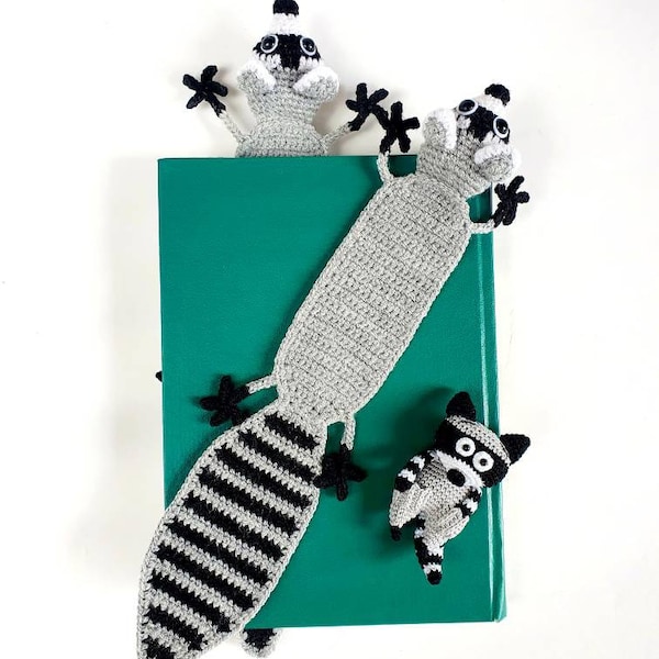 Raccoon bookmark funny black and gray gift for kids, students, children, and adults! Handmade crochet funny present for avid readers