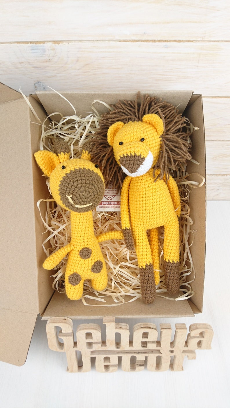 Lion & giraffe baby toy set crochet newborn shower soft gifts. Amigurumi stuffed yellow animals for a 1st birthday image 2