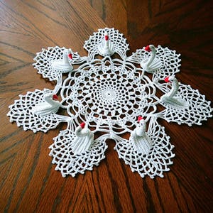 Swan doily lace decor, perfect white crochet wedding & anniversry doily gift. Cozy lace table overlay in Country decor style
