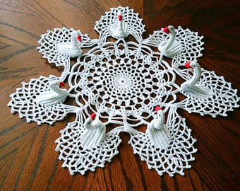 Swan doily - crochet Swans lace decor, perfect white lace wedding & anniversry doily gift. Cozy lace table overlay in Country decor style