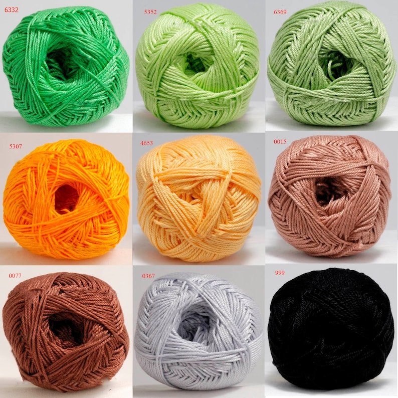 May include: A collection of nine yarn balls in various colors, including green, yellow, orange, brown, silver, and black. Each ball is tightly wound, showcasing the texture of the yarn. The image is well-lit, highlighting the different shades and textures.