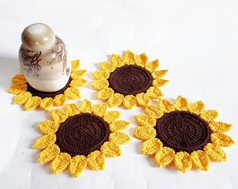 Sunflower coasters - autumn placemats, fall flower ornaments. Farmhouse and boho bright wedding, crochet doily kitchen table decor mug rug