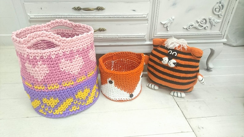 Crochet large color HEART Basket nursery color basket toy large basket storage box image 7