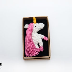 Unicorn brooch - white with pink crochet magic animal for girls. Amigurumi unique pin
