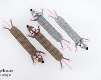 Creative Rat bookmark - crochet teacher gift, stocking stuffer bookmark white, gray & brown Mouse. Bukish for him, fun reading for rat lover