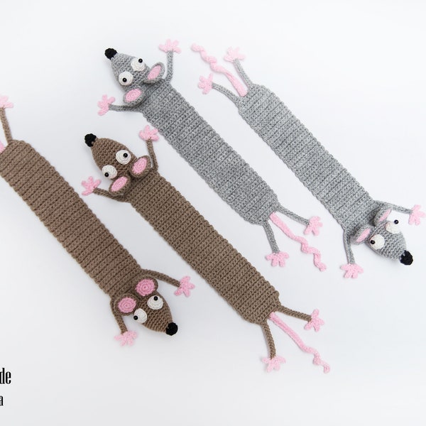 Creative Rat bookmark - crochet teacher gift, stocking stuffer bookmark white, gray & brown Mouse. Bukish for him, fun reading for rat lover
