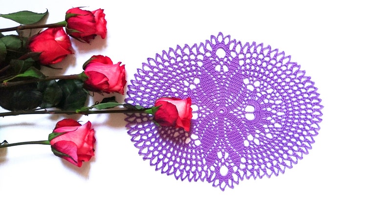 Purple doilies wedding centerpiece decor. Lace violet lilac table decor for oval and circle tables. Crochet handmade table decoration idea image 3