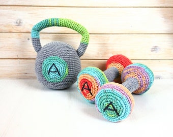 Personalized Kettlebells & Dumbbell Set: Crochet Kids Fitness Toy ships from the US